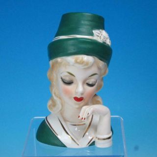 Vintage Blonde Lady Head Vase 6½ " Tall With Green Hat