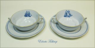 Two Spode Trade Winds Cream Soup Bowls And Underplates