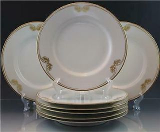 C1910 French Limoges Porcelain Set Of 8 Dinner Plates Gold Art Nouveau Design