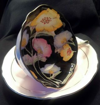 Paragon Double Warrant Cup & Saucer Pink & Black Floral Pattern England