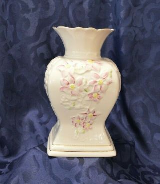 Vintage - Belleek Porcelain Vase - Pink Clematis Flowers & Shamrock - Ireland