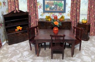 Renwal 8 Pc Dining Room Set Vintage Tin Dollhouse Furniture Ideal Plastic 1:16