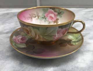 Artist Signed Hand Painted Roses Ginori Italy Firenze Ware Cup Saucer Porcelain