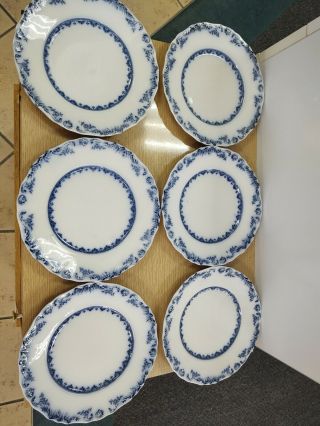 J & G Meakin Flow Blue Acantha Pattern Set Of 6 Luncheon Plates,  C.  1890s