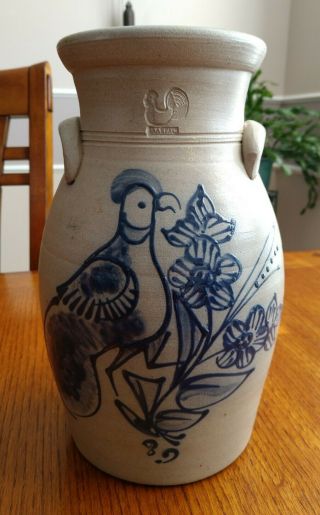 1992 Rowe Pottery Aarfac Salt Glaze Stoneware Churn Crock Blue Bird Flowers 10 "