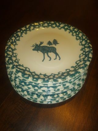 Set of 8 Folk Craft Moose Country Dinner Plates Green Sponge North Woods 2