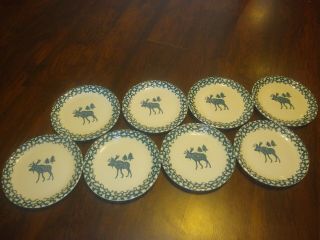 Set of 8 Folk Craft Moose Country Dinner Plates Green Sponge North Woods 3