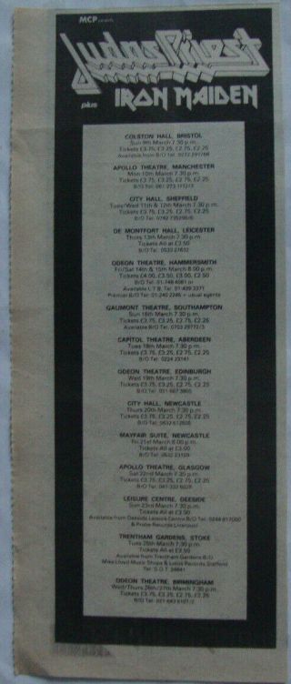Judas Priest/iron Maiden 1980 Vintage Tour Dates Advert/clipping