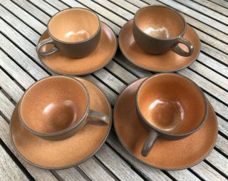 Set Of 4 Vintage Heath Ceramics Tea Cups And Saucers - Brown/pumpkin - 1 Of 2