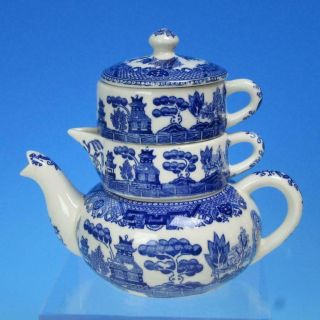 Blue Willow Stackable Teapot Set With Creamer And Sugar