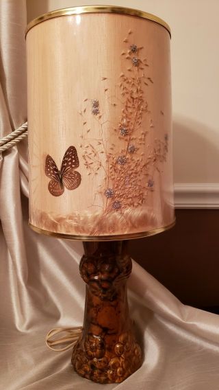 Vintage Van Briggle Pottery Brown Floral Lamp Butterfly Lampshade