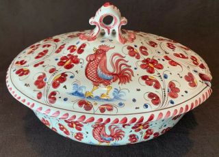 Deruta? Italy Pottery Red Rooster Covered Soup Tureen And Lid Italian Chip