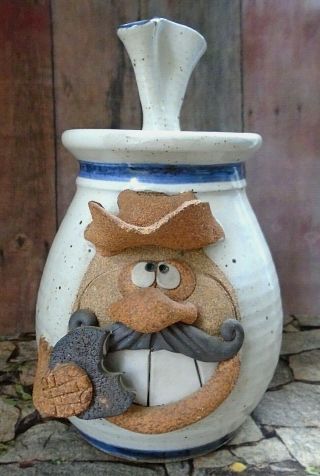 Robert Eakin Hand Made Glazed Pottery Funny Face Cowboy Cookie Jar 2