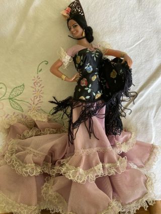 Vintage Flamenco Dancer 12 " Doll In Pink/floral/black Dress
