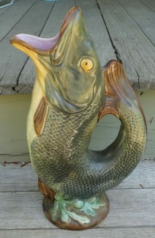 Antique Majolica Pottery Gurgling Fish Pitcher 10 1/4 " Ca 1880 Pink Open Mouth