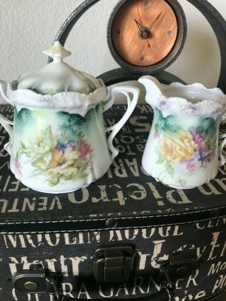 Royal Vienna R.  S.  Prussia Cream & Sugar Green With Floral Design Trimmed I