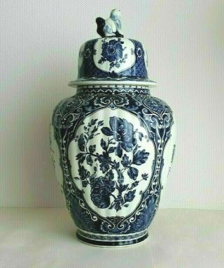 Delft Xl Lidded Vase - Ginger Jar Foo Dog - By Boch Royal Sphinx Holland