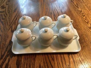 Apilco France White Porcelain Set Of 6 Pot De Creme Handled Dishes And 1 Tray