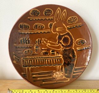 Ned Foltz Personally Signed 11.  5” Redware (rabbit With Eggs) Plate/platter 2013