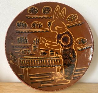 Ned Foltz Personally Signed 11.  5” Redware (Rabbit With Eggs) Plate/Platter 2013 2