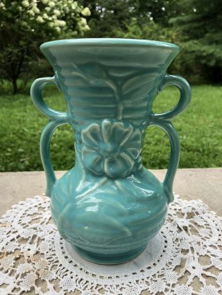 Vintage Mccoy Pottery Aqua Turquoise Blue Double Handle Ringed Vase Usa 7.  5”