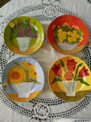 Set Of 4 Vietri Italy Floral Flower Plates 9 "