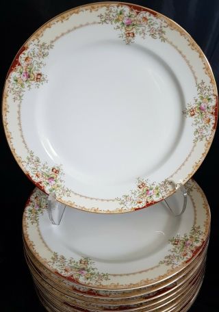 12 Vintage Meito China Hand Painted Dinner Plates Gold Trim Floral Pattern V2156