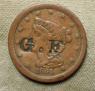 Counterstamp: G.  F.  C/s On 1854 Half Cent,  Brunk – Not Listed,  Coin.
