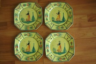 Set Of (4) Hb Henriot Quimper Soleil Yellow Dinner Plates Women 10 " Octagon