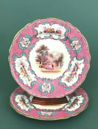 Set 2 Vtg Spode England Queen Mary Urban Scene Pink Blue Luncheon Plates 9 1/8