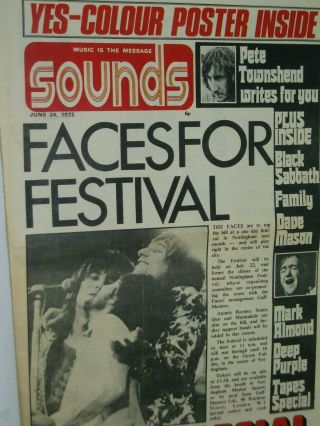 Sounds Pop Paper.  24th June 1972.  Rod Stewart. ,  Faces. ,  Deep Purple,