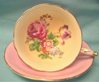 Paragon Pink Cabbage Rose With Tulip Floral Bouquet Pink Tea Cup & Saucer