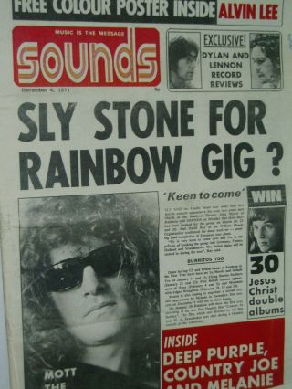 Sounds Pop Paper.  4th Dec.  1971.  Sly Stone. ,  Deep Purple. ,  Mott The Hoople. ,