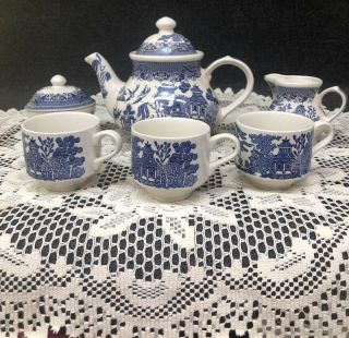 Churchill Blue Willow Teapot Creamer Sugar Bowl Cups England Romania Unique Set