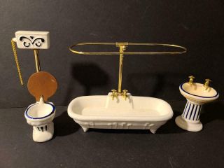 Vintage Ceramic Dollhouse Bathroom Set.  Tub W/ Curtain Frame,  Sink & Toilet