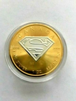 2016 Maple Leaf Superman Shield Gold Plated 1 Oz.  999 Silver Coin.
