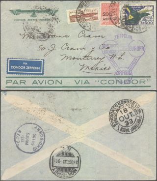 Brazil 1933 - Zeppelin Flight Air Mail Cover To Mexico V9/6