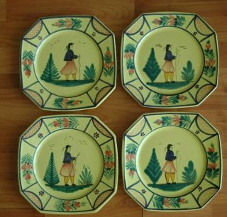 Set Of (4) Hb Henriot Quimper Soleil Yellow Dinner Plates Men 10 " Octagon