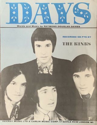 The Kinks - Ray Davies - “days” - 4 Page Sheet Music - Pye Label - (1968) Ex