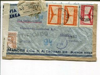 Argentina Double Censor Reg Air Mail Cover Via Natal - Lisboa To Sweden 1942
