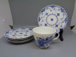 6 Piece Royal Copenhagen Blue Fluted Full Lace Cup 10/1870 & 5 Saucers 1035