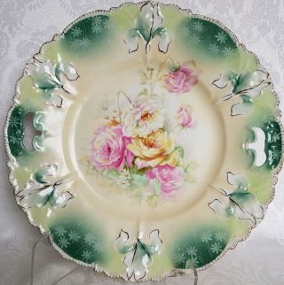 R.  S.  Prussia Art Nouveau Gorgeous Roses Handled Cake Plate Hidden Irises Mold