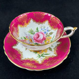 1960s Paragon England Large Cabbage Rose Bouquet Red Cup Saucer A4584/5