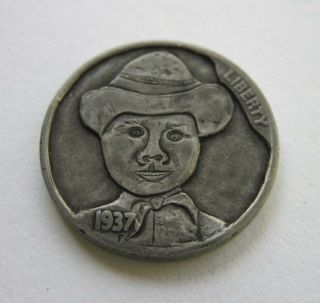 . 1937 Hand Carved/engraved Hobo Buffalo Nickel - Cowboy - Signed Daj57