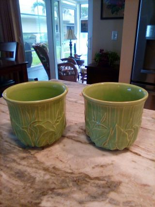 Vintage Mccoy Green Leaf Pottery Planters (pair)