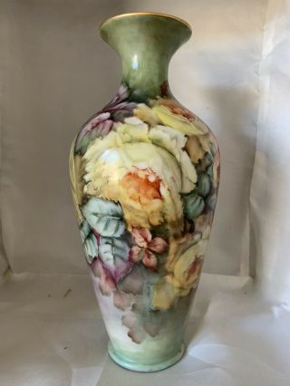 Antique 1913 T&v Limoges France 10 " Roses Vase Signed & Hand Painted