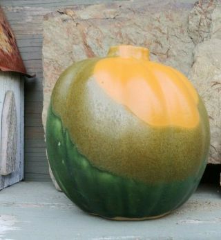 Vintage Green Olive And Soft Orange - Pumpkin Shaped Vase Signed & Dated