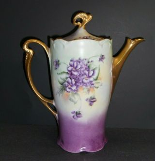Exquisite Antique Jhr Charlotte Bavaria Chocolate Pot Purple Floral Gold Handle