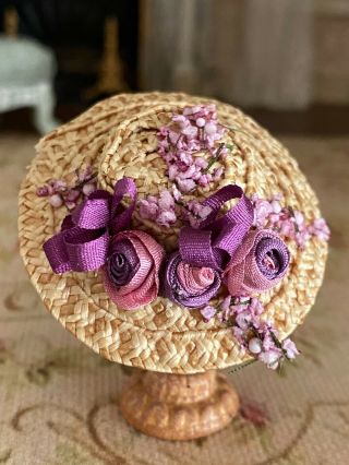 Vintage Miniature Dollhouse Artisan Made Victorian Summer Straw Hat Rose Purple