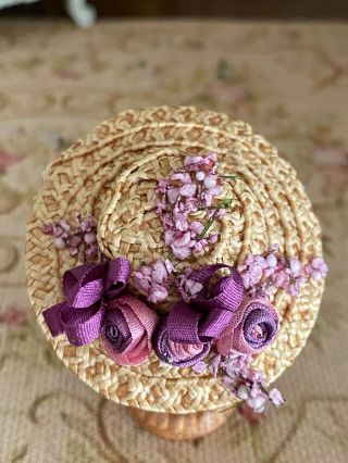 Vintage Miniature Dollhouse Artisan Made Victorian Summer Straw Hat Rose Purple 2
